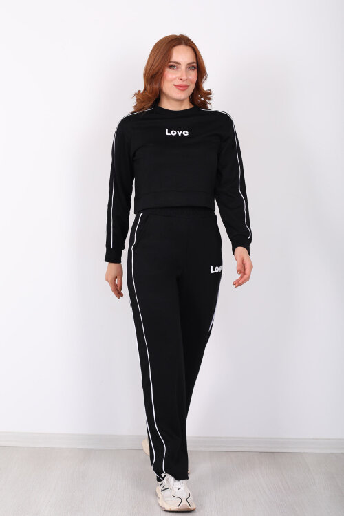 Love Baskılı Biyeli Kadın Siyah Modal Takım - 7