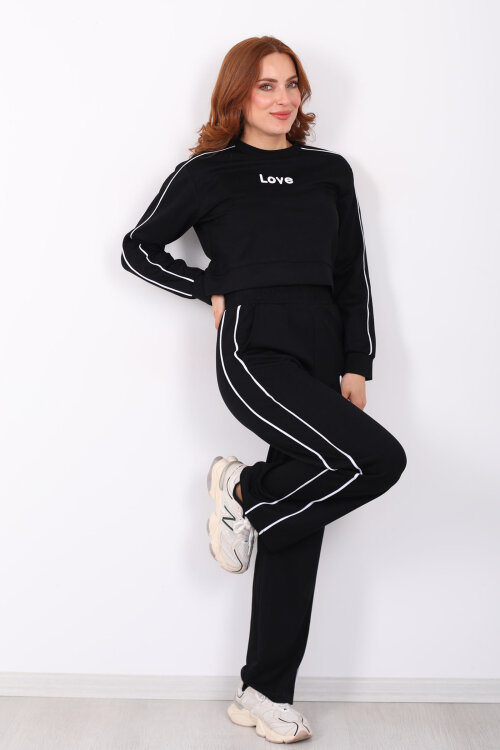 Love Baskılı Biyeli Kadın Siyah Modal Takım - Berox