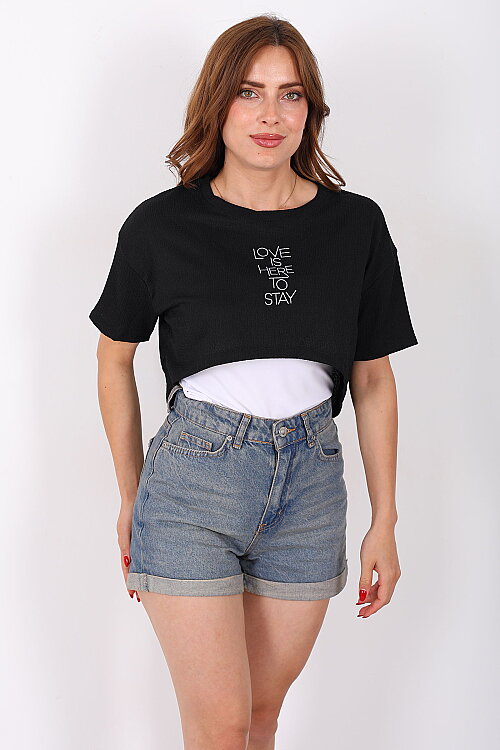 Love Baskılı Siyah Kadın Atlet-Tshirt İkili Takım - Berox