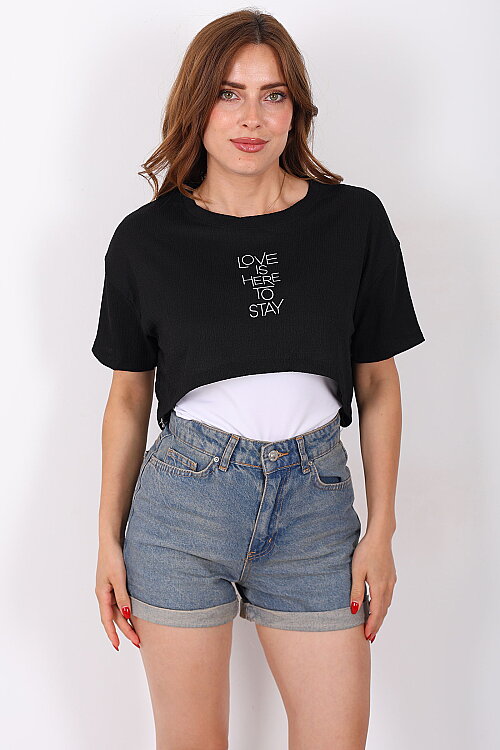 Love Baskılı Siyah Kadın Atlet-Tshirt İkili Takım - 3