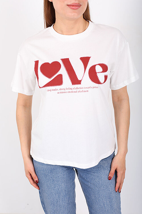Love Yazılı Bisiklet Yaka Kadın Ekru T-Shirt - Berox (1)