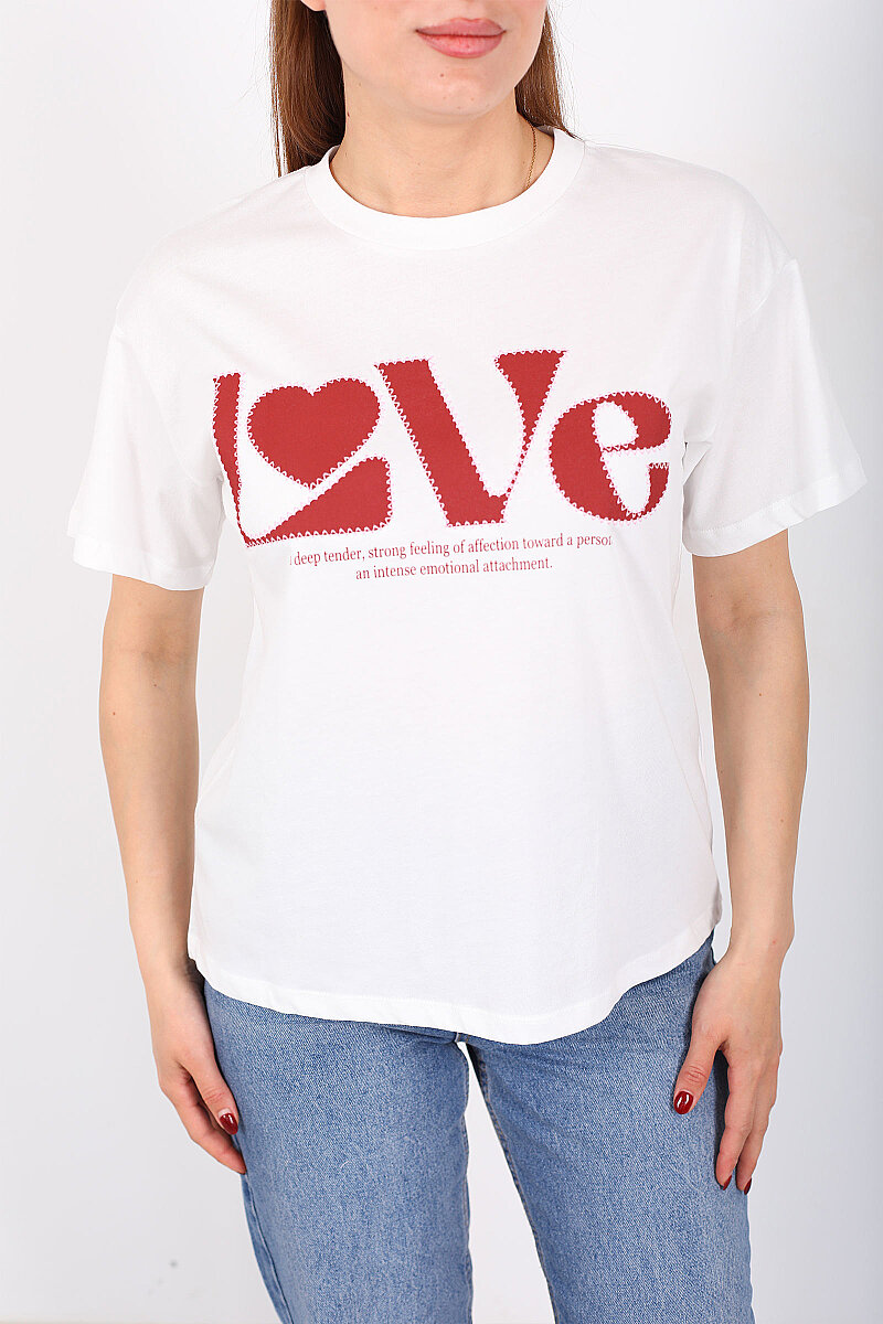 Love Yazılı Bisiklet Yaka Kadın Ekru T-Shirt - 2