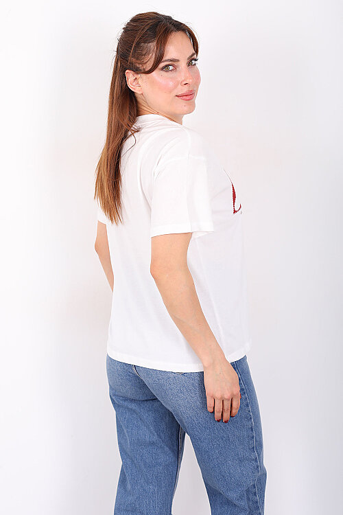 Love Yazılı Bisiklet Yaka Kadın Ekru T-Shirt - 4