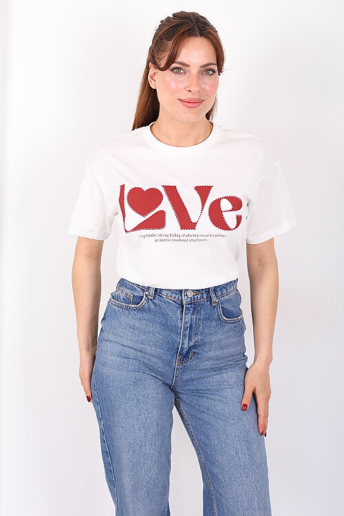 Love Yazılı Bisiklet Yaka Kadın Ekru T-Shirt - 5