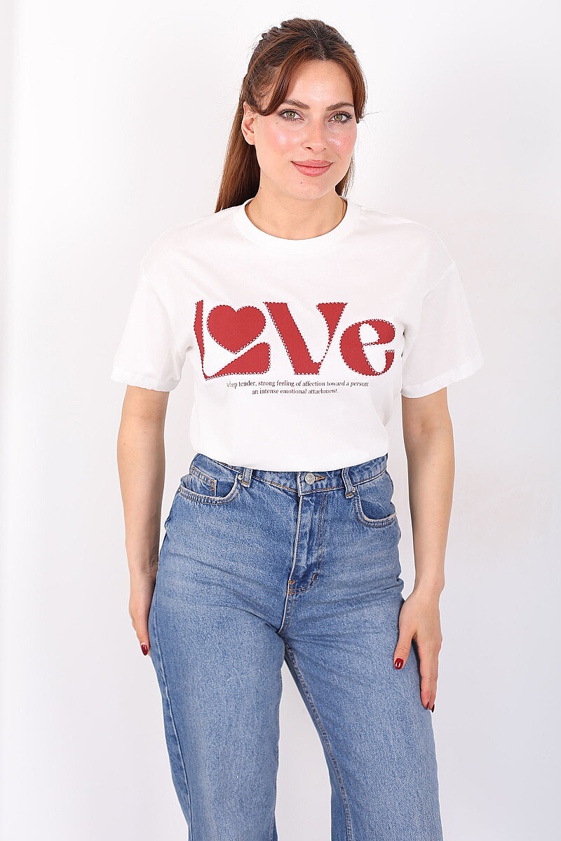 Love Yazılı Bisiklet Yaka Kadın Ekru T-Shirt - 5