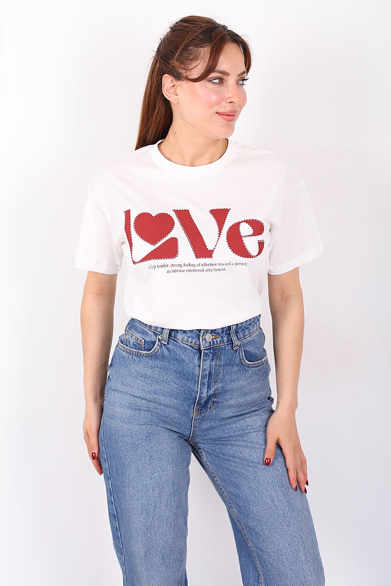 Love Yazılı Bisiklet Yaka Kadın Ekru T-Shirt - 3