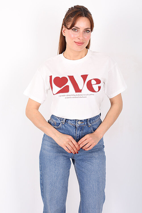 Love Yazılı Bisiklet Yaka Kadın Ekru T-Shirt - Berox