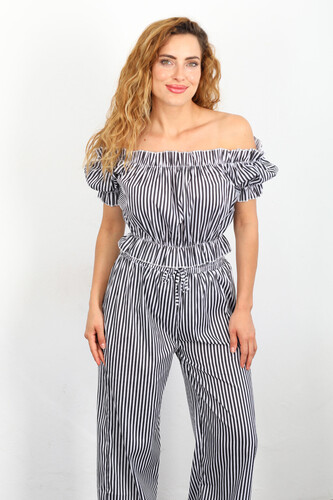 Madonna Yaka Bol Paça Çizgili Siyah Kadın Crop-Pantolon Takım - 4