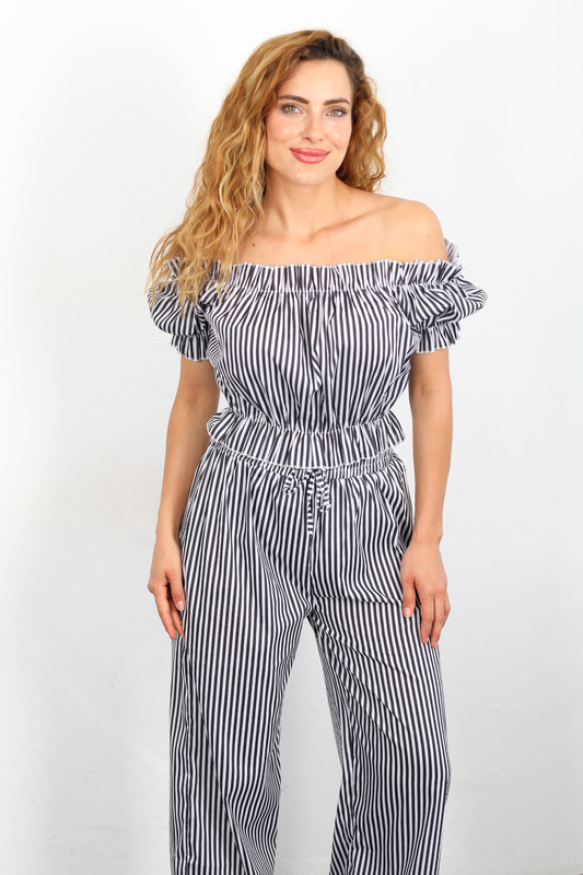 Madonna Yaka Bol Paça Çizgili Siyah Kadın Crop-Pantolon Takım - 4