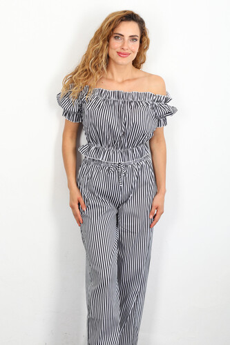 Madonna Yaka Bol Paça Çizgili Siyah Kadın Crop-Pantolon Takım - 6