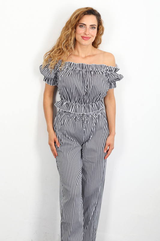 Madonna Yaka Bol Paça Çizgili Siyah Kadın Crop-Pantolon Takım - 6