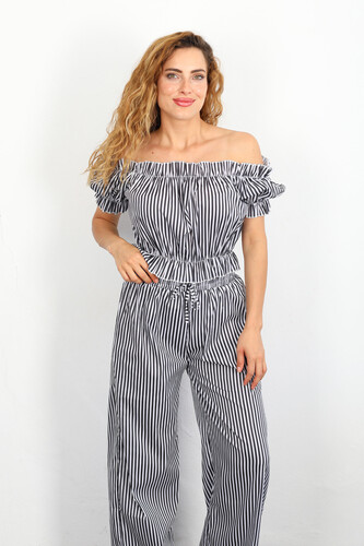 Madonna Yaka Bol Paça Çizgili Siyah Kadın Crop-Pantolon Takım - 2