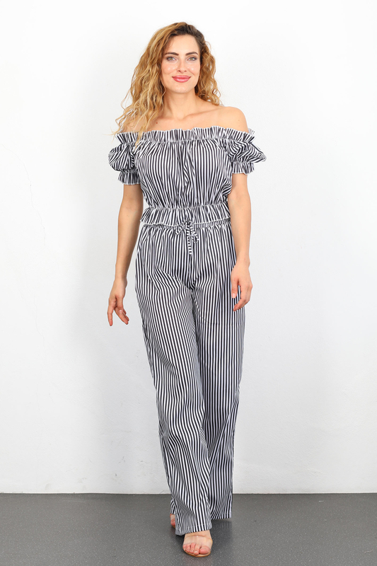 Madonna Yaka Bol Paça Çizgili Siyah Kadın Crop-Pantolon Takım - 5