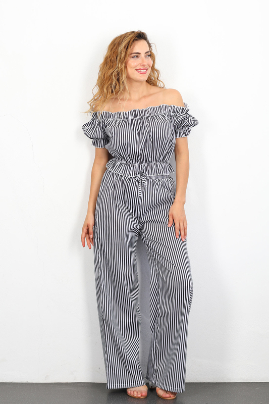 Madonna Yaka Bol Paça Çizgili Siyah Kadın Crop-Pantolon Takım - 3