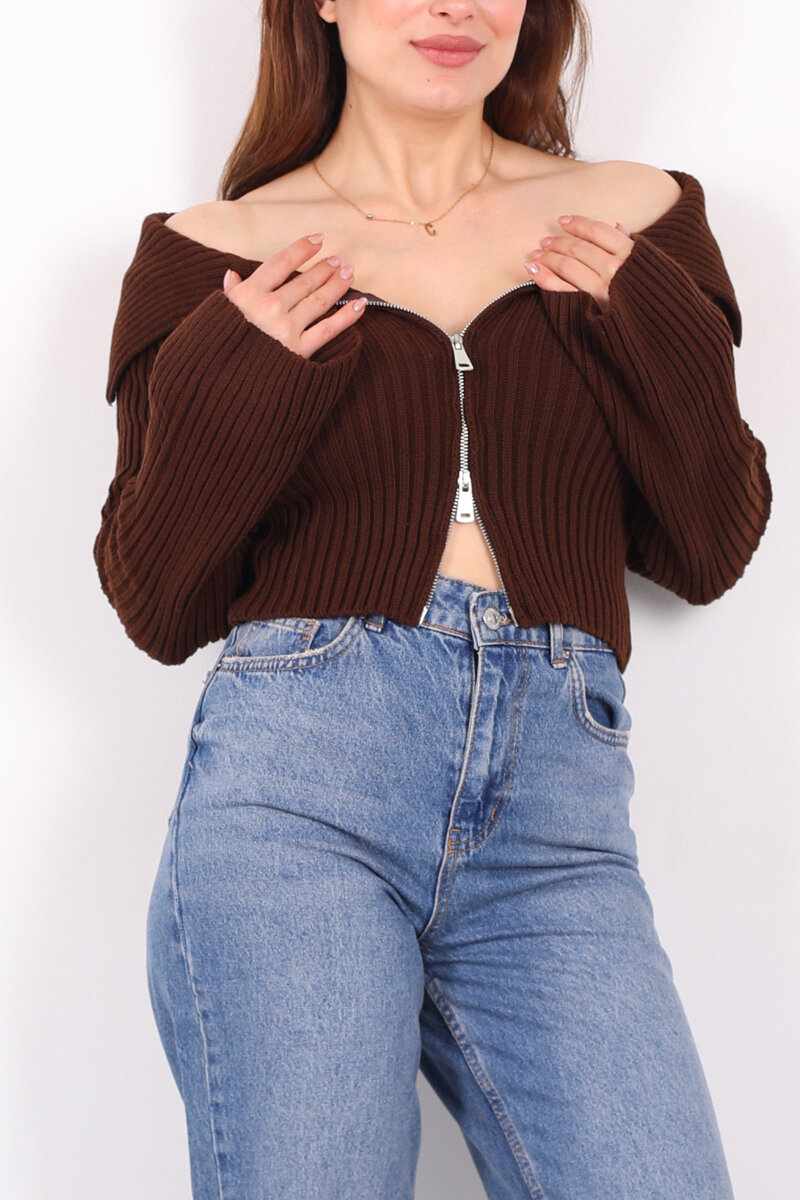 Madonna Yaka Çift Fermuarlı Kahverengi Kadın Triko Hırka - 2