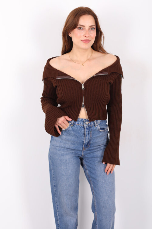 Madonna Yaka Çift Fermuarlı Kahverengi Kadın Triko Hırka - 4