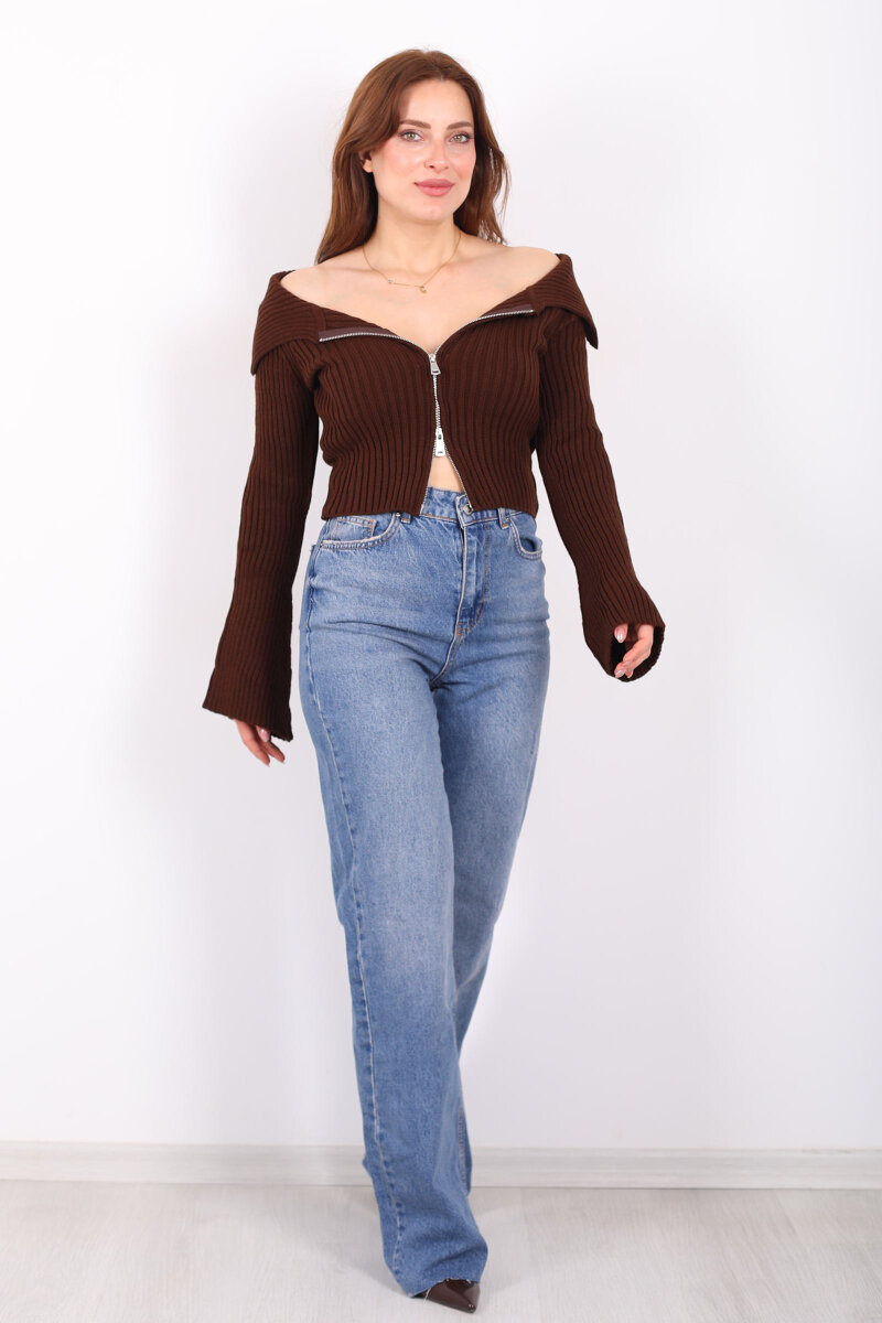 Madonna Yaka Çift Fermuarlı Kahverengi Kadın Triko Hırka - 3