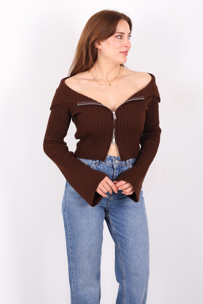 Madonna Yaka Çift Fermuarlı Kahverengi Kadın Triko Hırka - 1