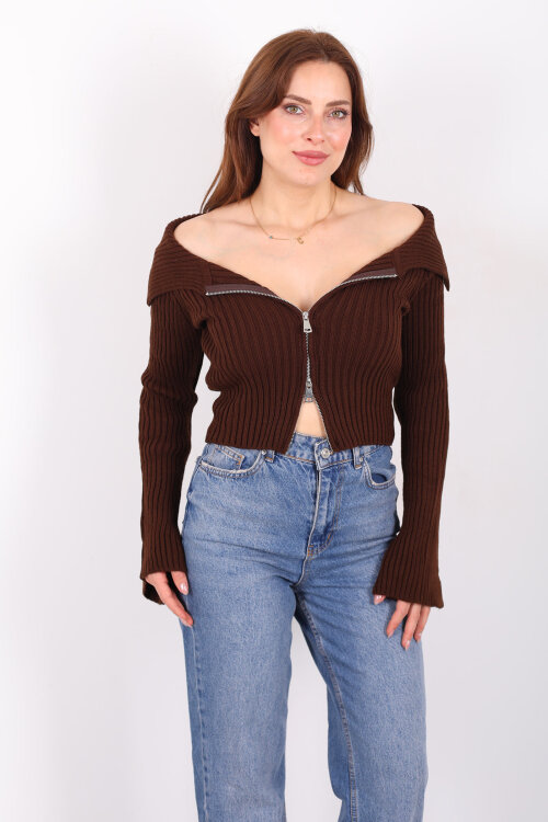 Madonna Yaka Çift Fermuarlı Kahverengi Kadın Triko Hırka - 6