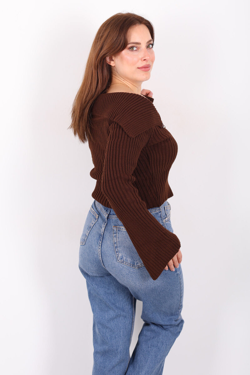 Madonna Yaka Çift Fermuarlı Kahverengi Kadın Triko Hırka - 5