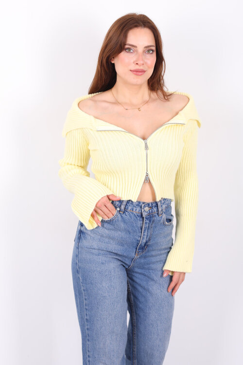 Madonna Yaka Çift Fermuarlı Sarı Kadın Triko Hırka - 3