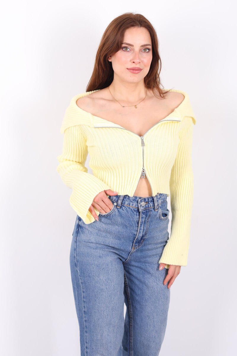 Madonna Yaka Çift Fermuarlı Sarı Kadın Triko Hırka - 3