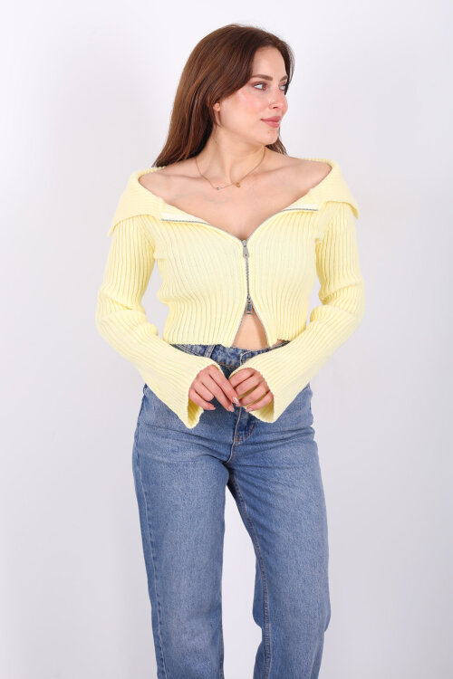 Madonna Yaka Çift Fermuarlı Sarı Kadın Triko Hırka - 5