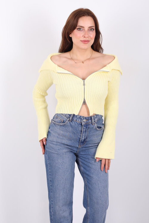 Madonna Yaka Çift Fermuarlı Sarı Kadın Triko Hırka - 7