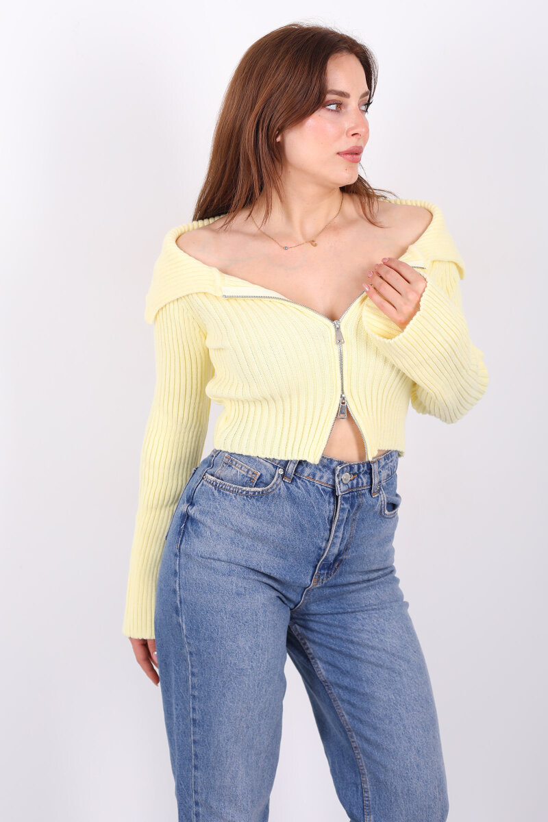 Madonna Yaka Çift Fermuarlı Sarı Kadın Triko Hırka - 1