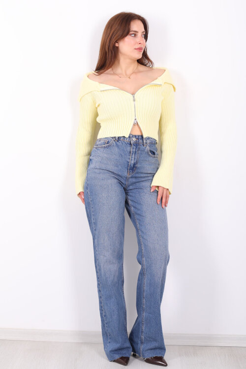 Madonna Yaka Çift Fermuarlı Sarı Kadın Triko Hırka - 4