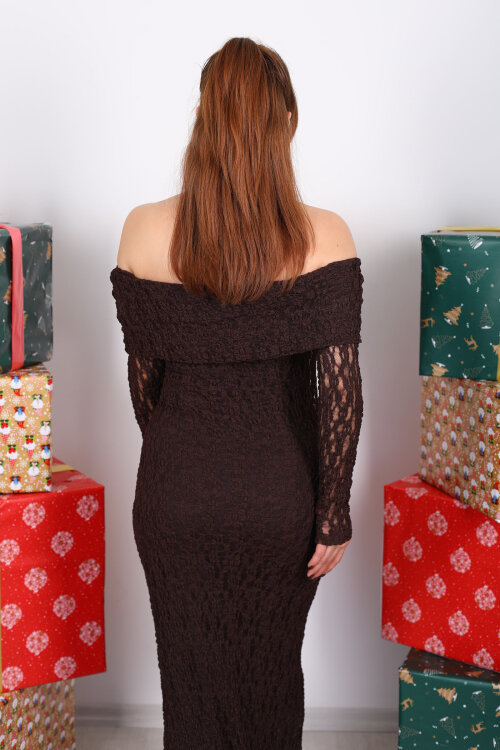 Madonna Yaka Dantelli Acı Kahve Kadın Maxi Elbise - 6