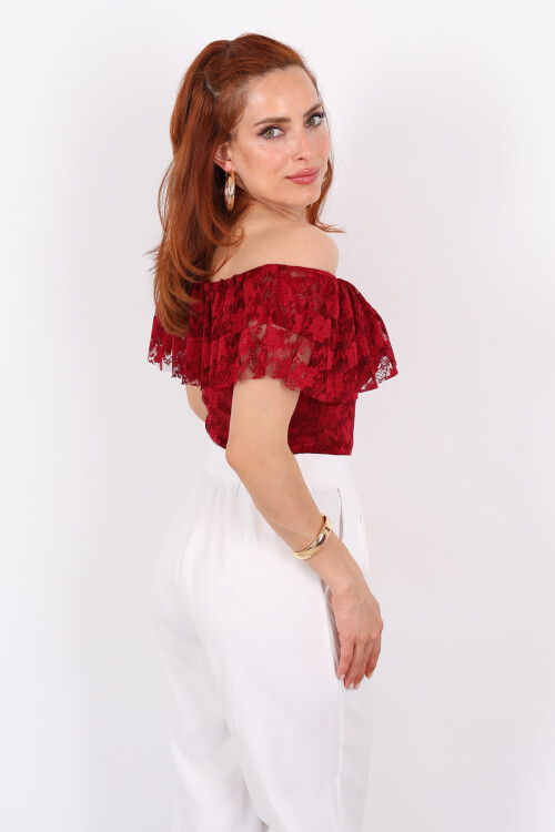 Madonna Yaka Dantelli Bordo Kadın Bluz - 4