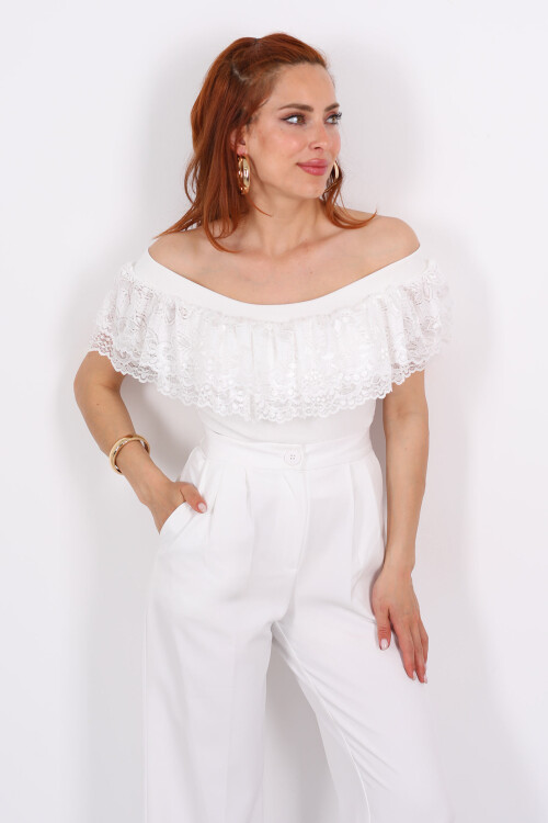 Madonna Yaka Dantelli Ottoman Beyaz Kadın Bluz - 3