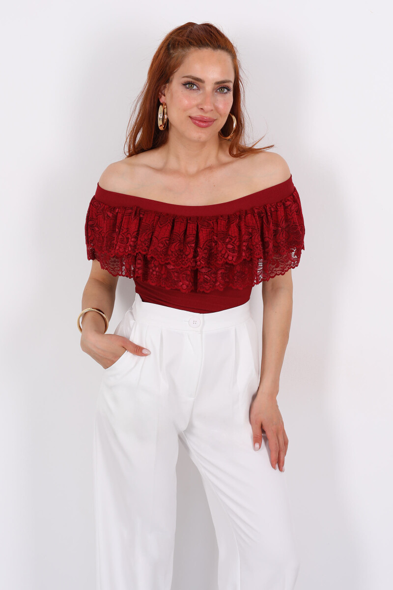Madonna Yaka Dantelli Ottoman Bordo Kadın Bluz - 6