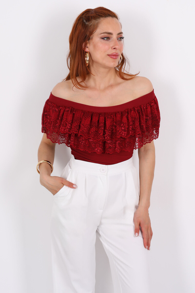 Madonna Yaka Dantelli Ottoman Bordo Kadın Bluz - 5