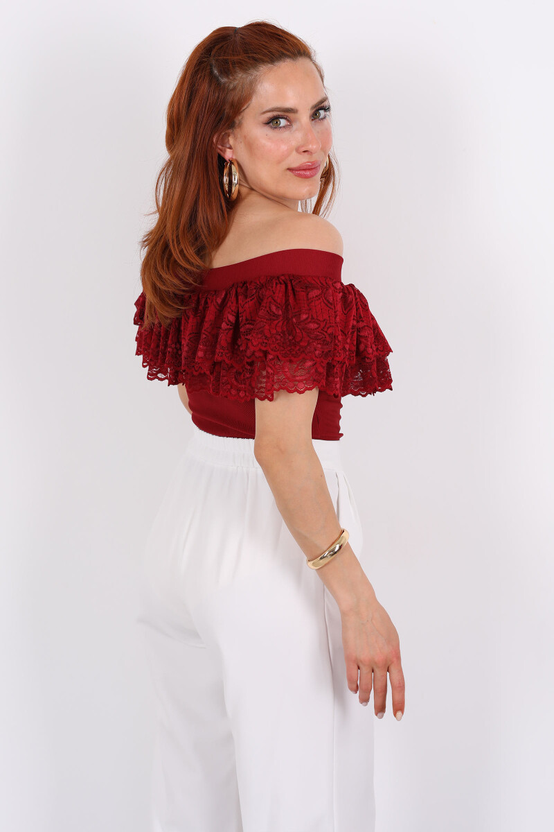 Madonna Yaka Dantelli Ottoman Bordo Kadın Bluz - 4
