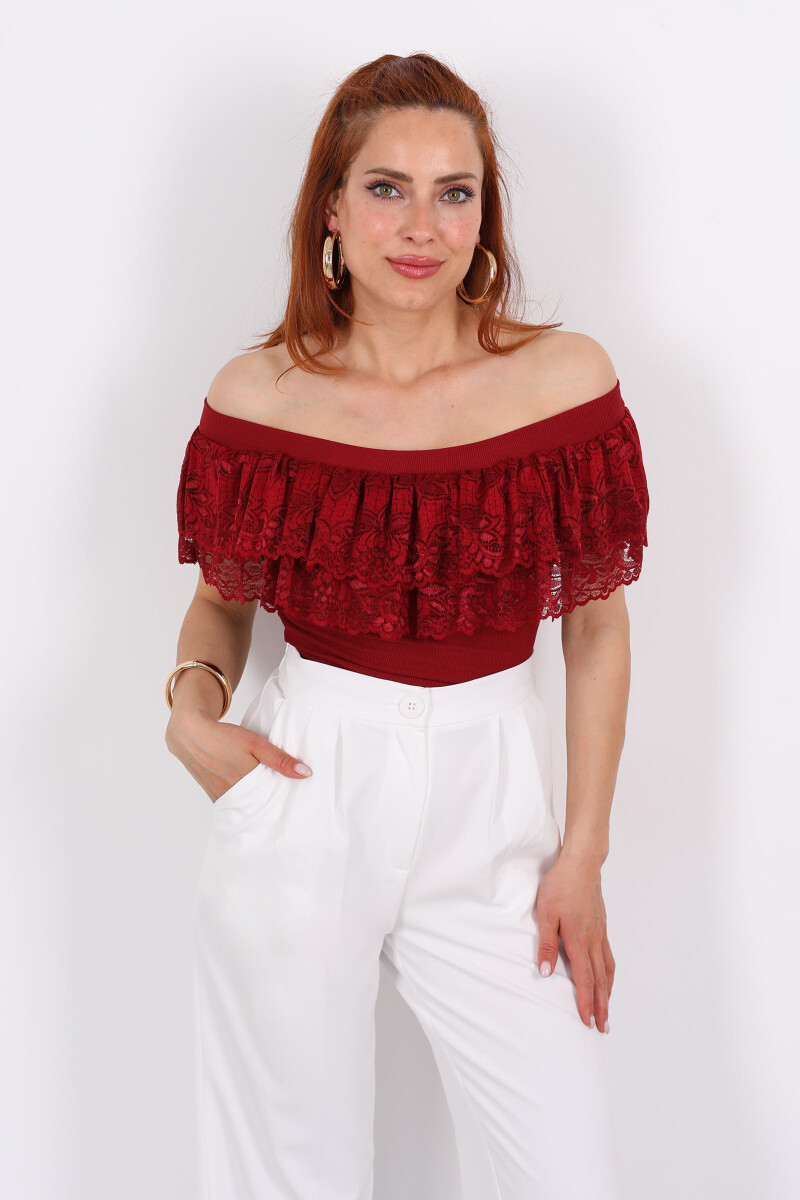 Madonna Yaka Dantelli Ottoman Bordo Kadın Bluz - 1