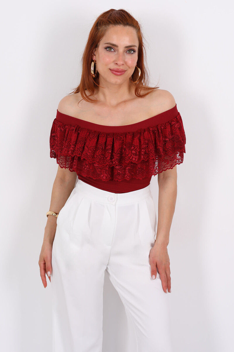 Madonna Yaka Dantelli Ottoman Bordo Kadın Bluz - 3