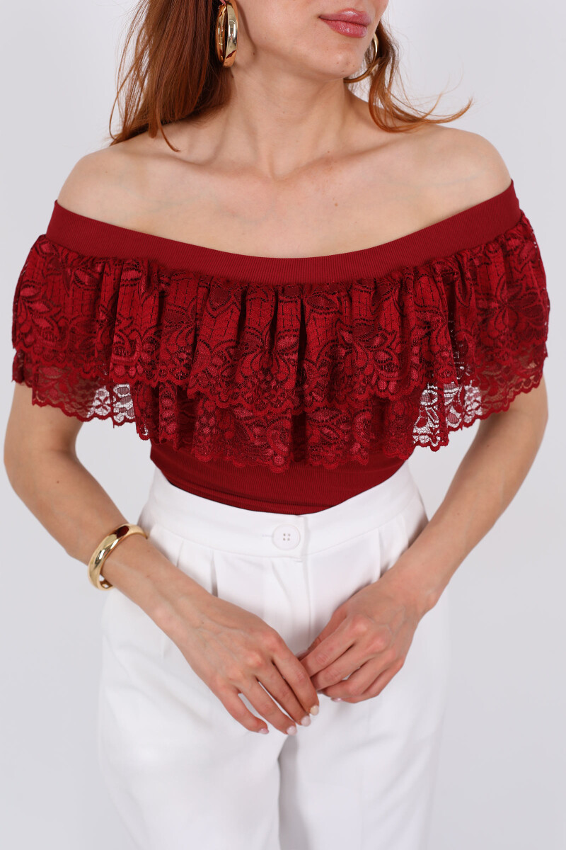 Madonna Yaka Dantelli Ottoman Bordo Kadın Bluz - 2