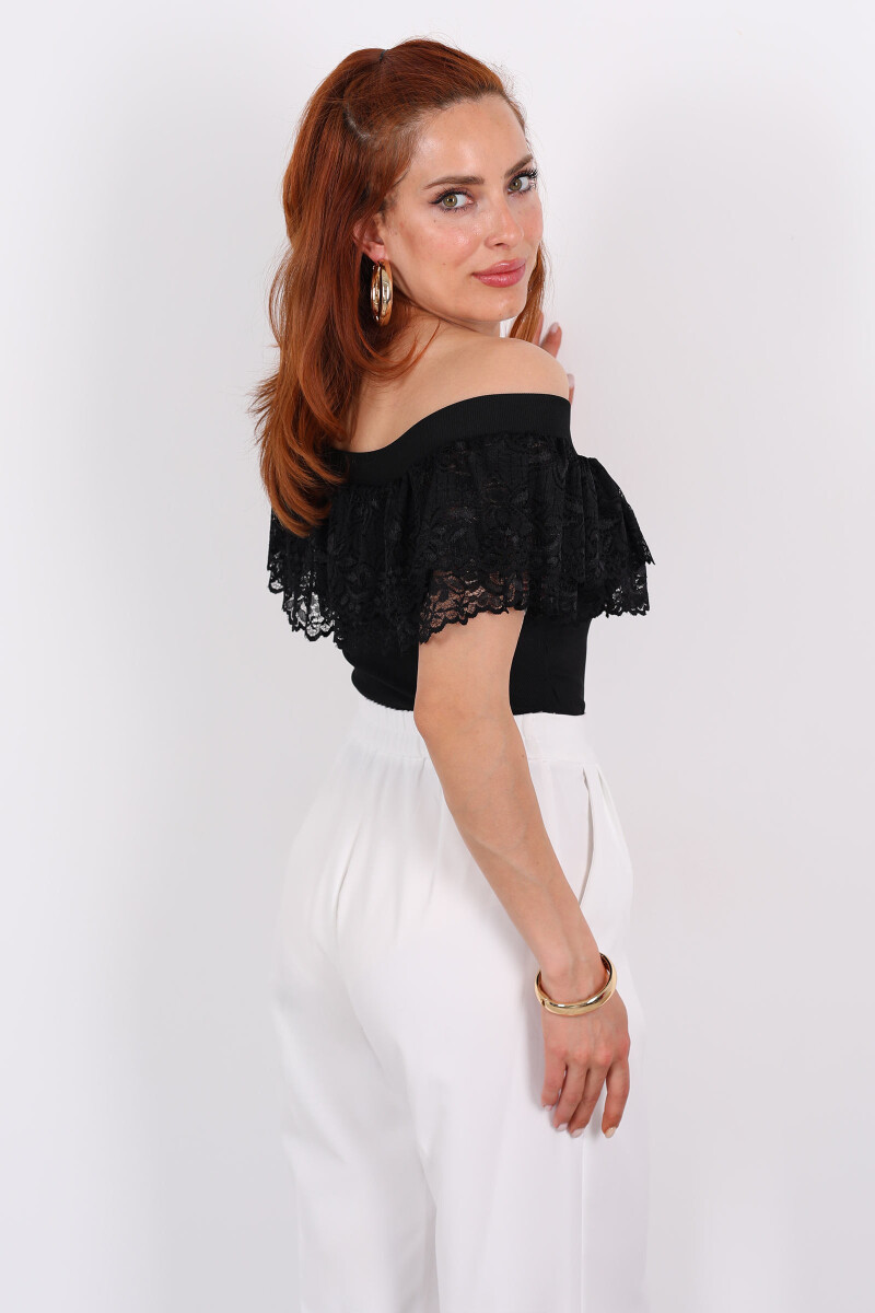 Madonna Yaka Dantelli Ottoman Siyah Kadın Bluz - 4