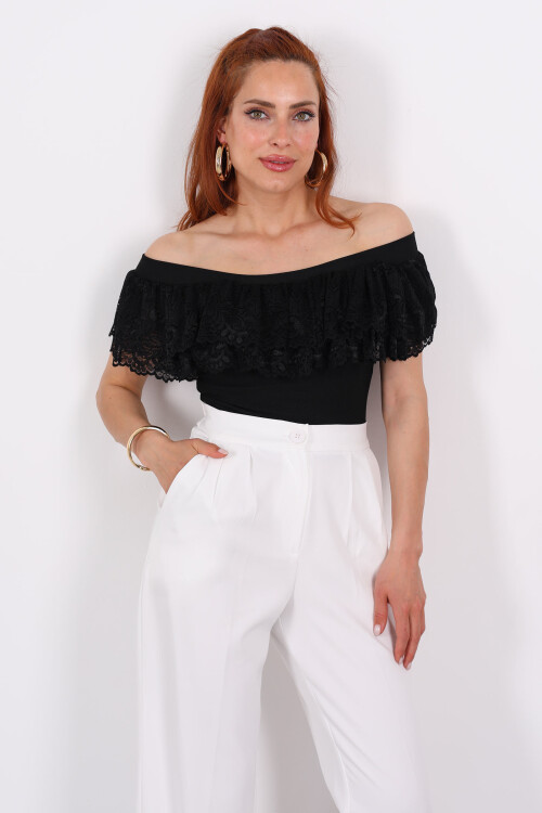 Madonna Yaka Dantelli Ottoman Siyah Kadın Bluz - 1