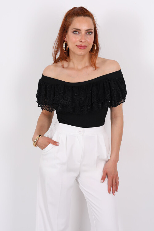 Madonna Yaka Dantelli Ottoman Siyah Kadın Bluz - 3