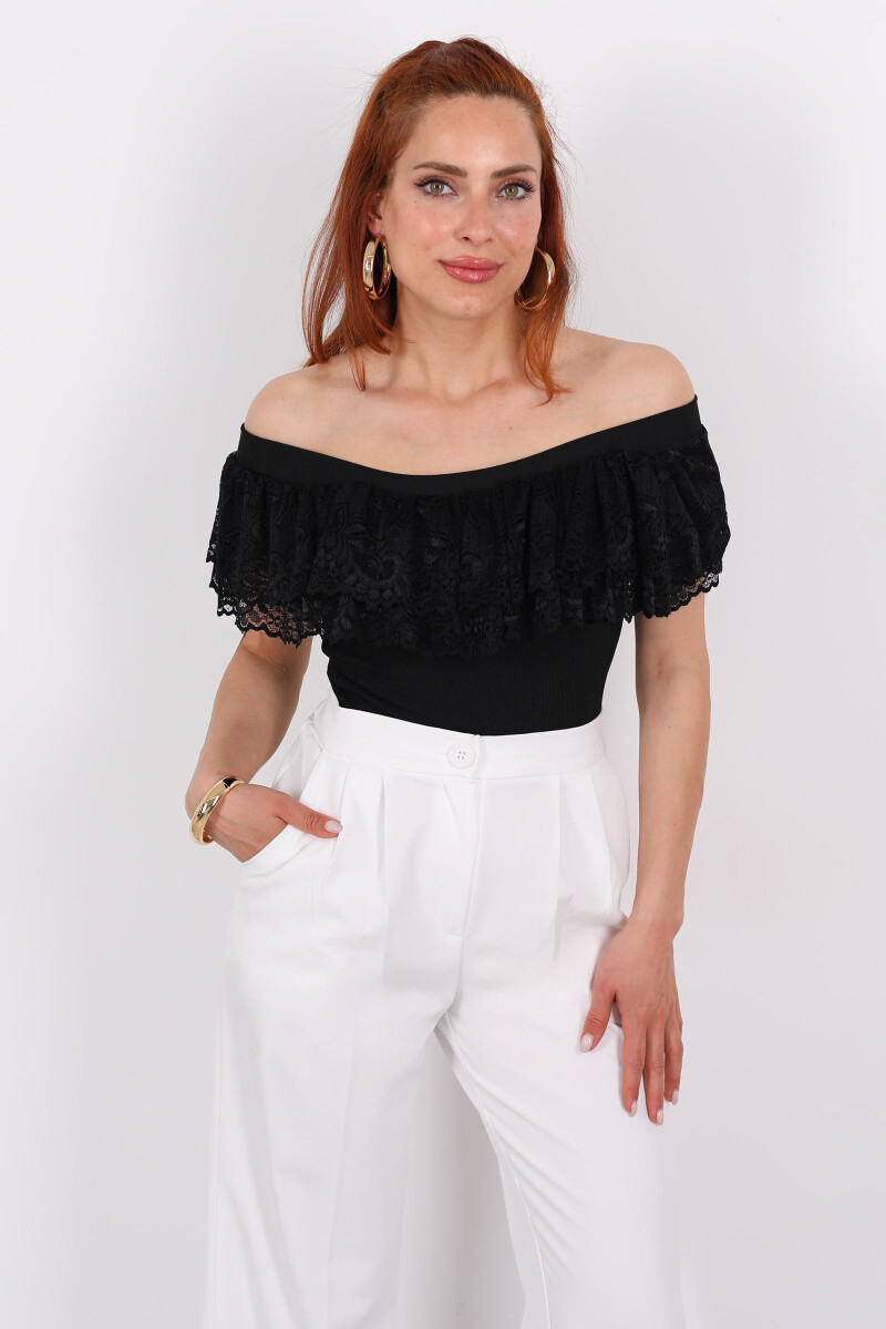 Madonna Yaka Dantelli Ottoman Siyah Kadın Bluz - 3