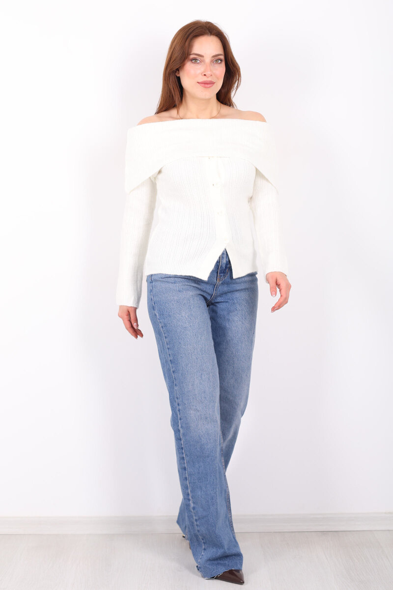 Madonna Yaka Düğmeli Kadın Beyaz Triko Kazak - 1