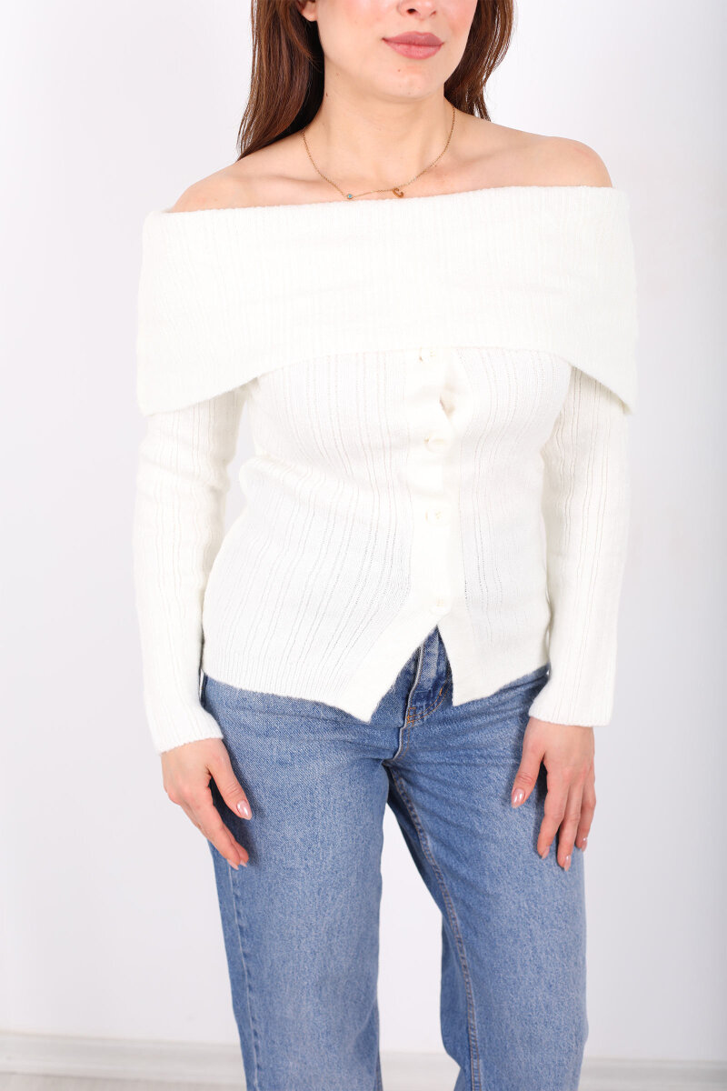 Madonna Yaka Düğmeli Kadın Beyaz Triko Kazak - 2