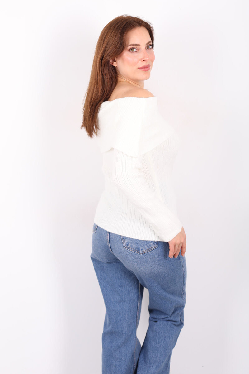 Madonna Yaka Düğmeli Kadın Beyaz Triko Kazak - 5