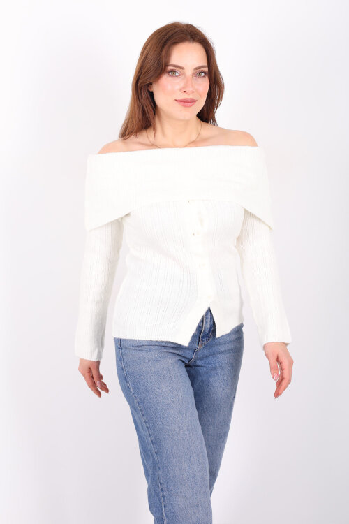 Madonna Yaka Düğmeli Kadın Beyaz Triko Kazak - 6