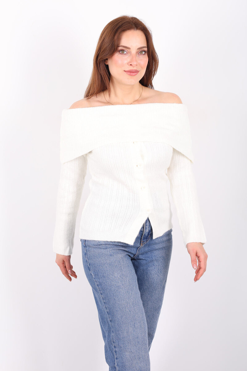 Madonna Yaka Düğmeli Kadın Beyaz Triko Kazak - 6