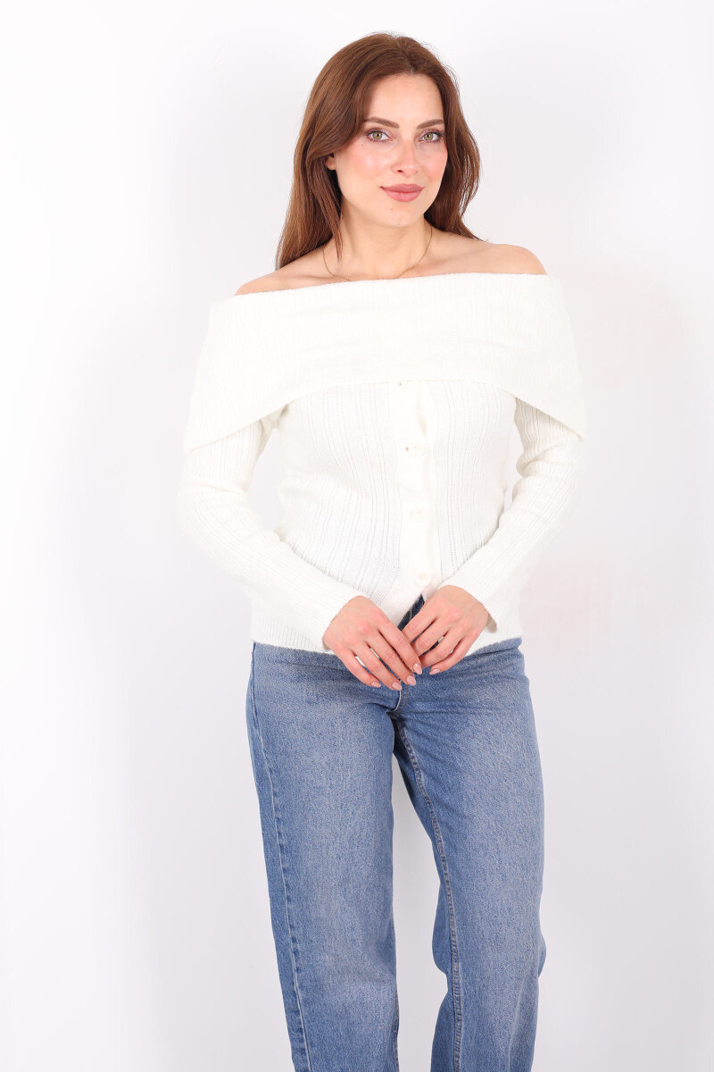 Madonna Yaka Düğmeli Kadın Beyaz Triko Kazak - 3