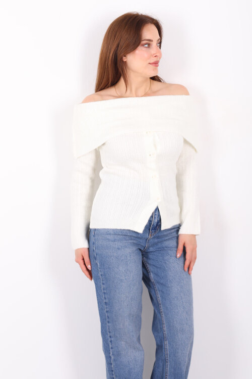 Madonna Yaka Düğmeli Kadın Beyaz Triko Kazak - 4